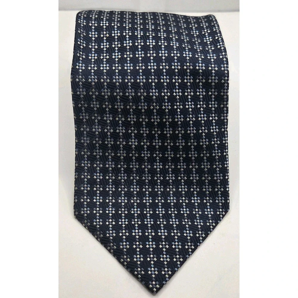 Giorgio Armani Italian Silk Tie Navy Silver Diamond Dot Motif Jacquard 3.5x56in